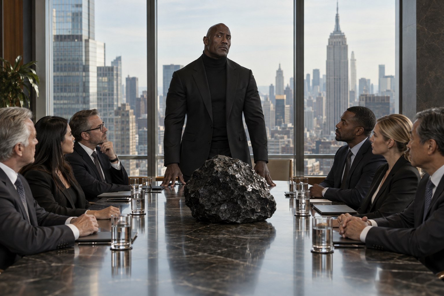 AI parody of Black Rock leading a board meeting with a large black rock on the conference table